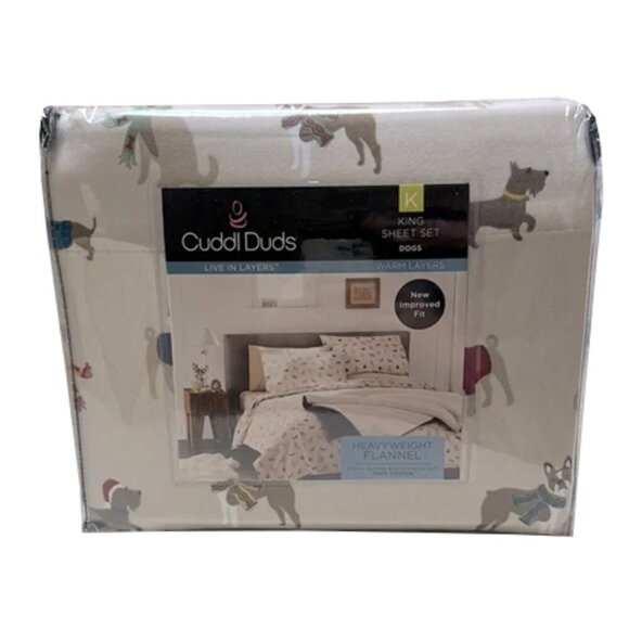 🆕 CUDDL DUDS Heavy Cotton Flannel KING Size Sheets Holiday Dogs 4 Pieces Set - Picture 1 of 10